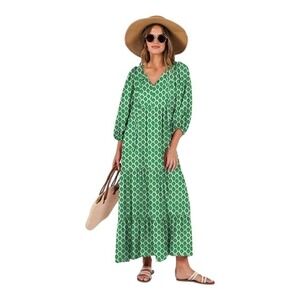 ANRABESS Green Floral Print Maxi Dress V Neck 3/4 Sleeve Tiered Medium‎